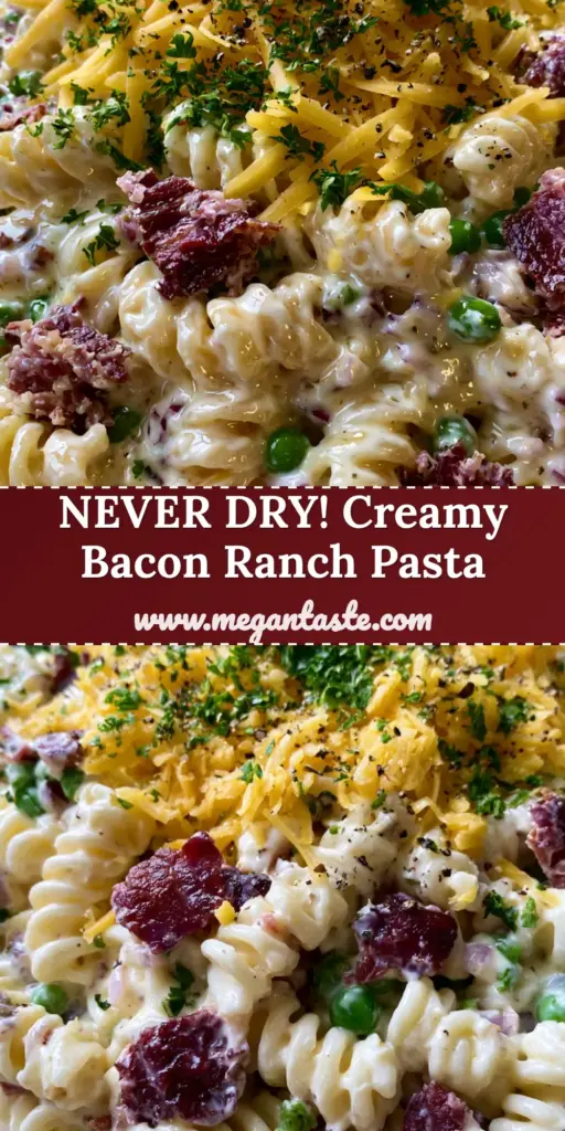 A top-down view of a bacon ranch pasta salad in a glass bowl, showing glossy rotini, large bacon pieces, and a thick layer of sharp cheddar cheese.