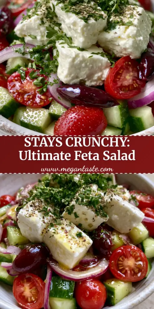 A top-down view of a Mediterranean Feta Salad in a white bowl, showing large feta cubes, vibrant cucumbers, and glistening lemon dressing. (Mediterranean Feta Salad)