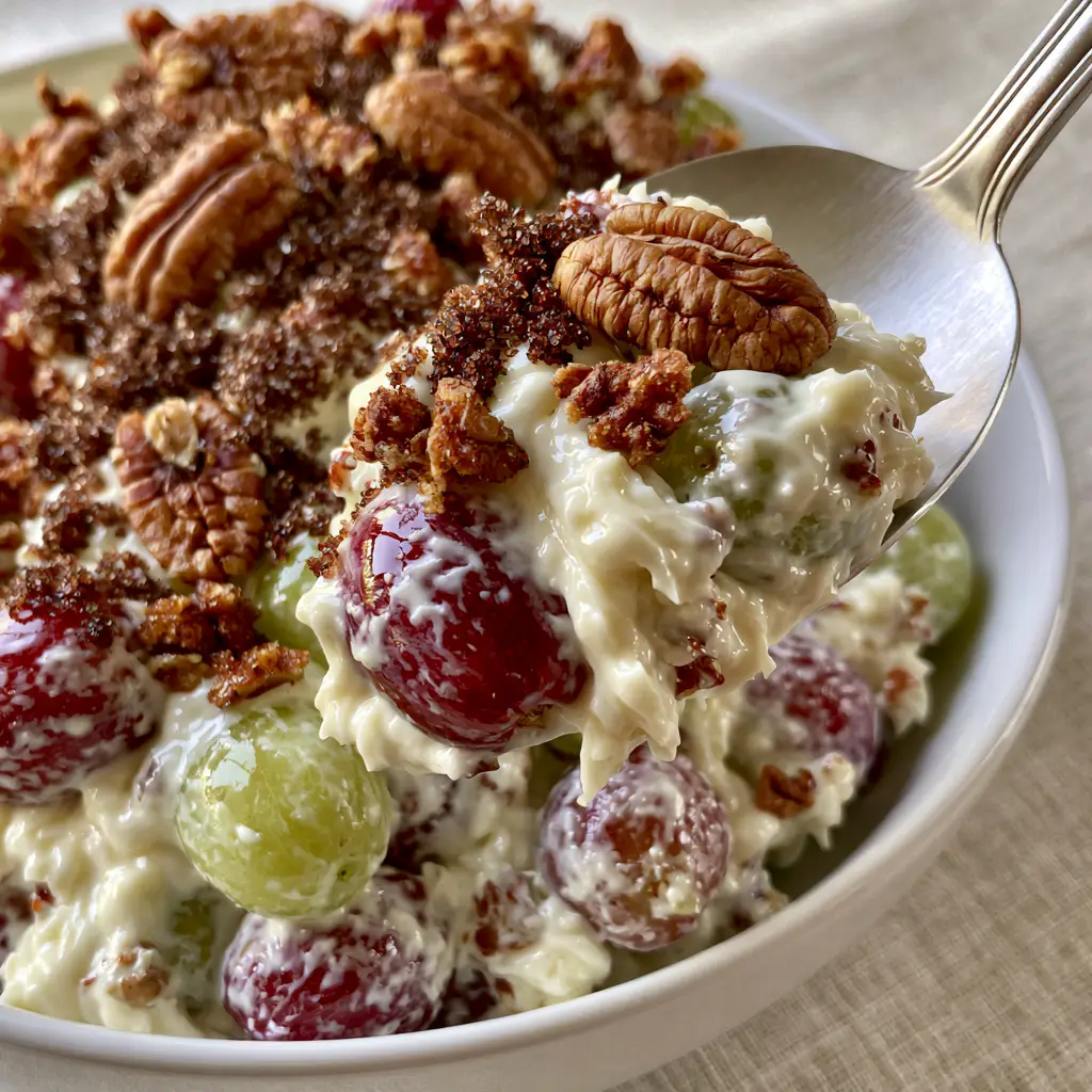 High-angle view of glossy creamy grape salad with a silver spoon lifting a portion.