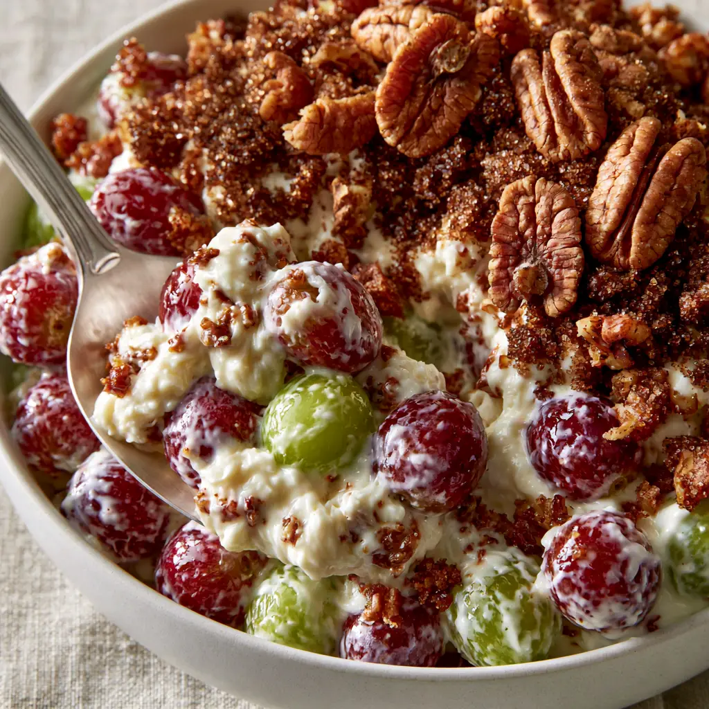 Close-up of toasted pecans and coarse brown sugar topping on a creamy grape salad.
