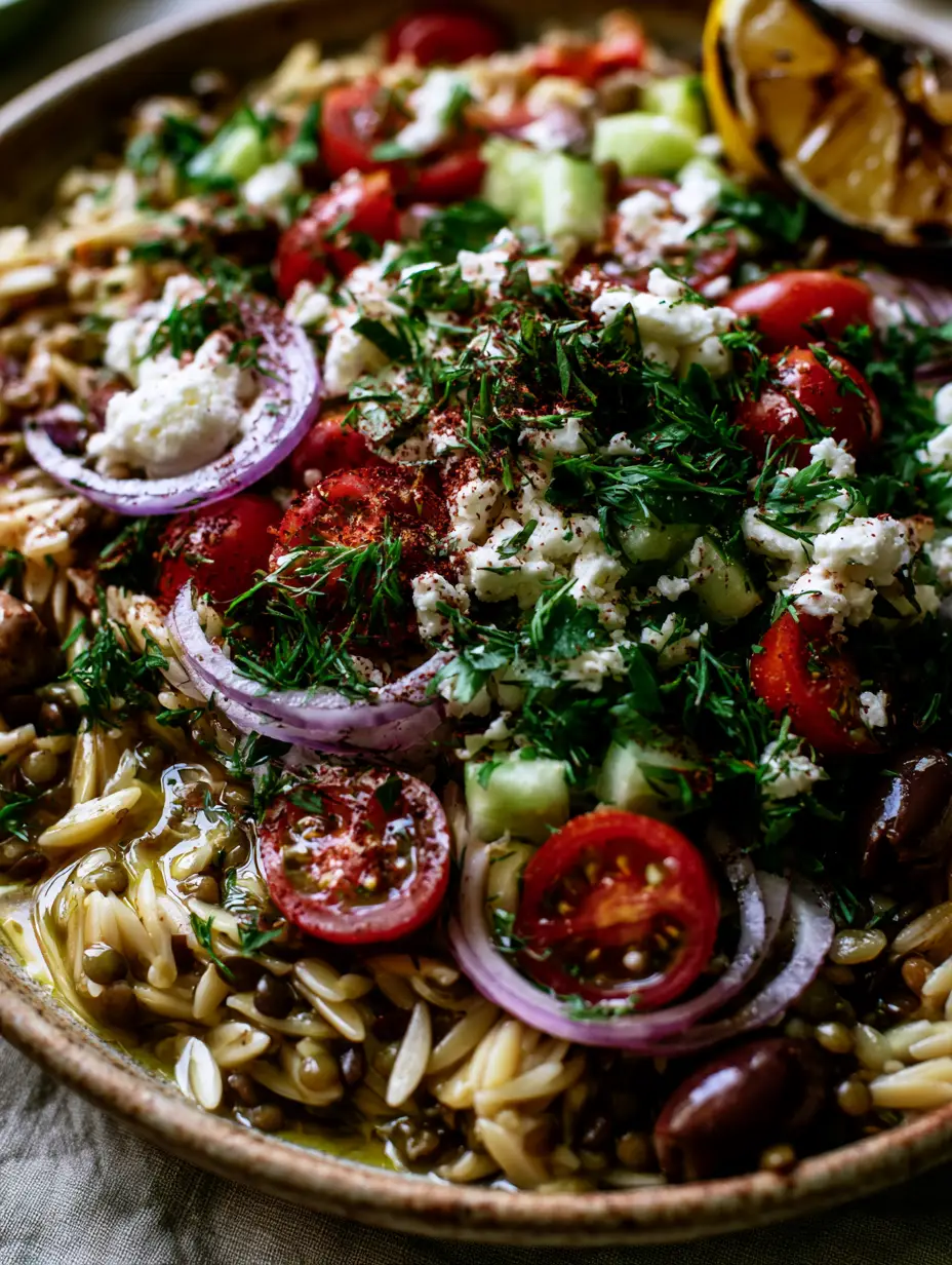 Extreme close-up of mediterranean lentil and orzo showing the glossy emulsion on the pasta and the vibrant herbs.