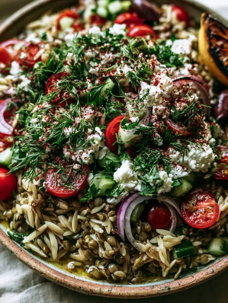 Detailed shot of the mediterranean lentil and orzo with crumbled feta, sumac dusting, and shaved red onions.
