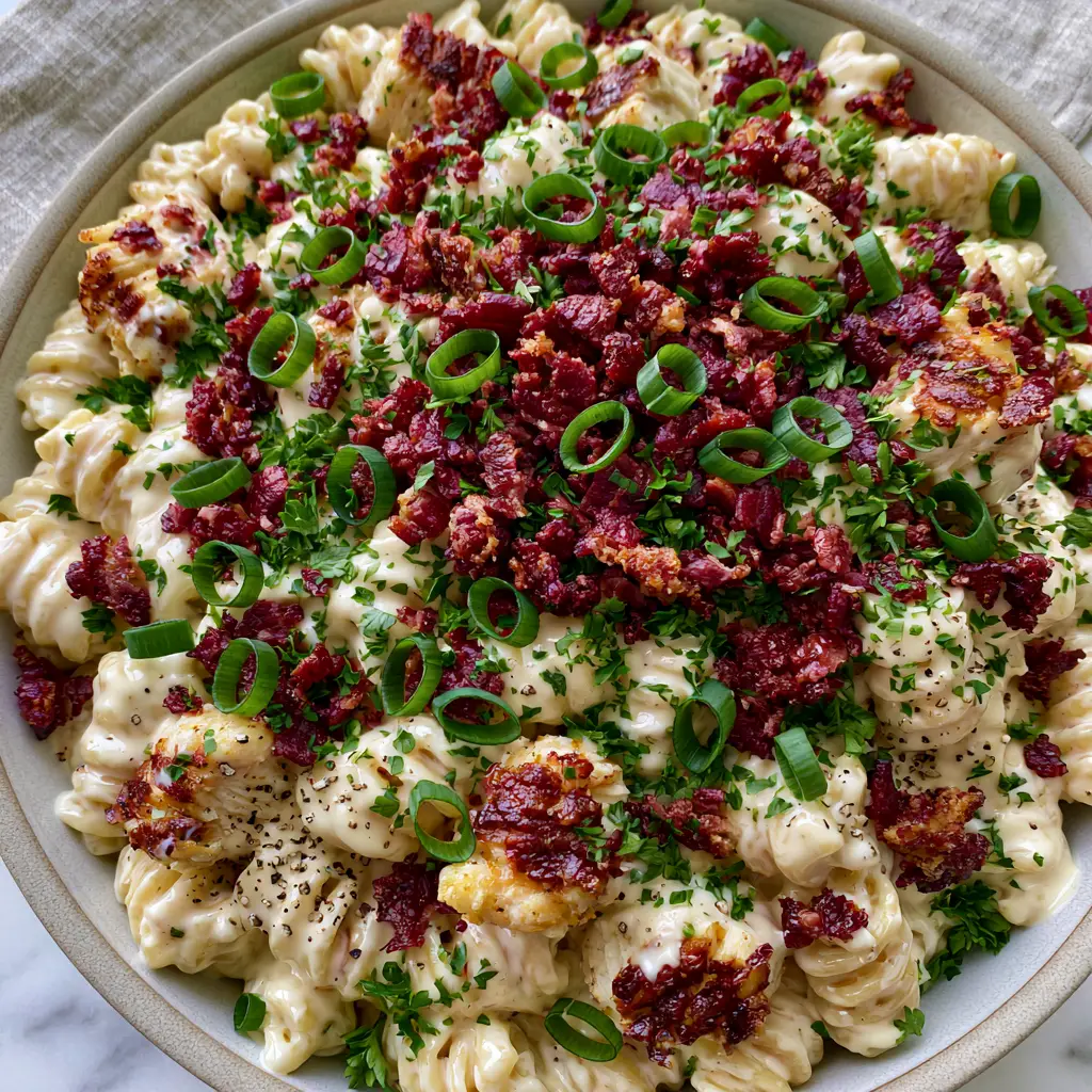 Close up of glossy ivory-colored ranch dressing on rotini pasta in a Chicken bacon ranch pasta salad.