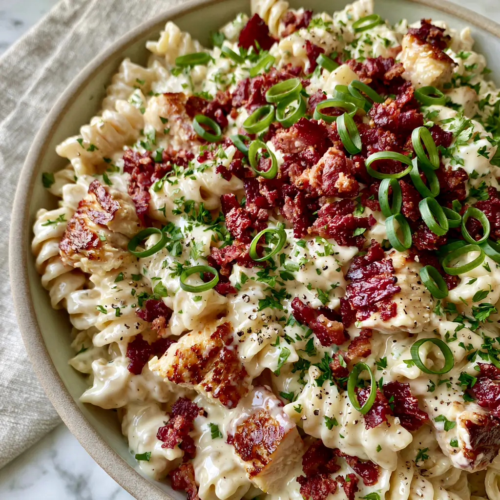 A handheld smartphone photo showing seared golden chicken and deep-red bacon in a Chicken bacon ranch pasta salad.