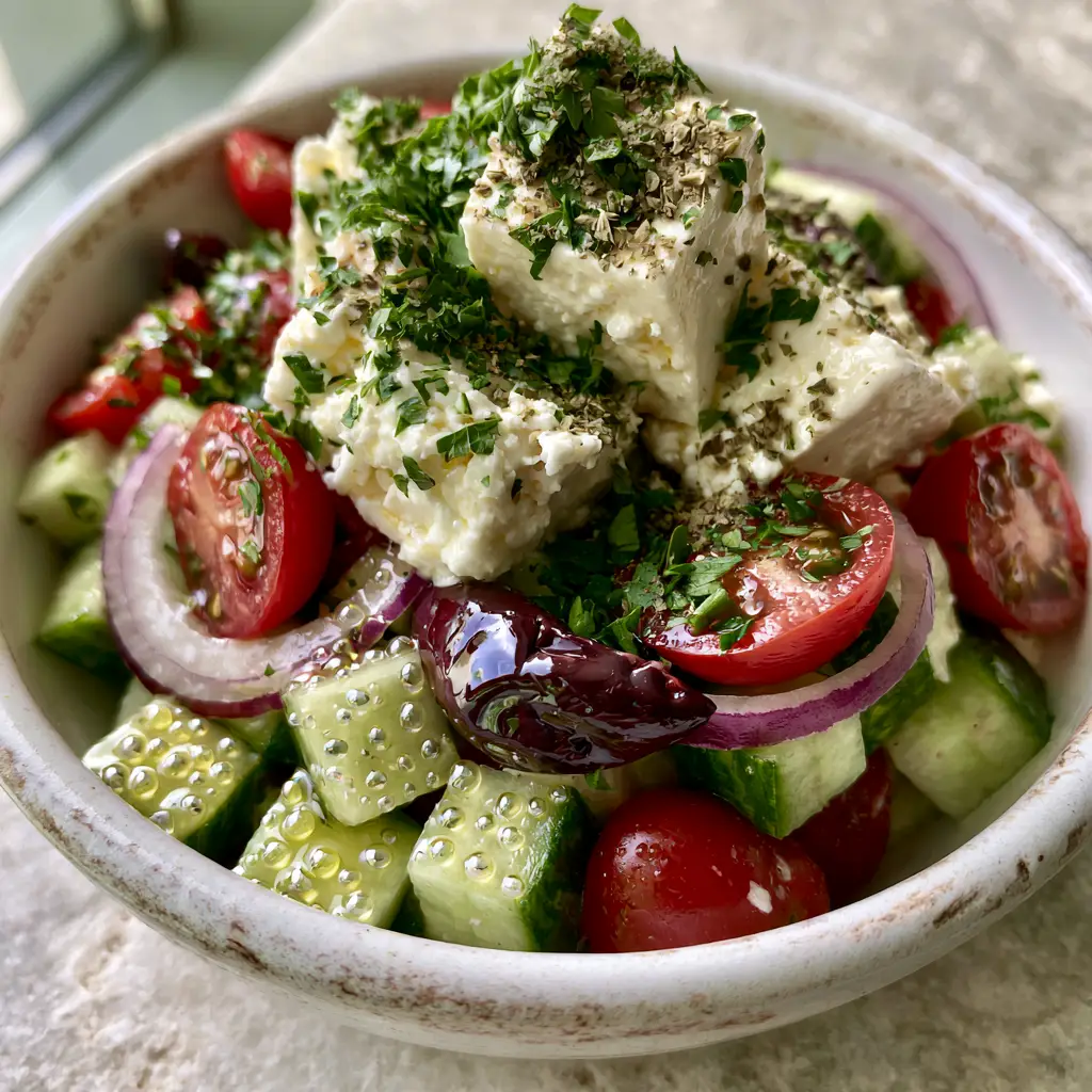 Close-up of Mediterranean Feta Salad showing paper-thin red onions, dark olives, and halved heirloom tomatoes nestled under large feta blocks.