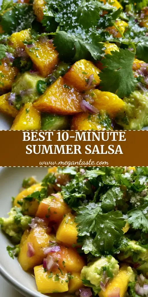A vibrant Peach avocado salsa with diced orange peaches and pale green avocado in a white bowl, glistening with lime glaze and topped with sea salt flakes.