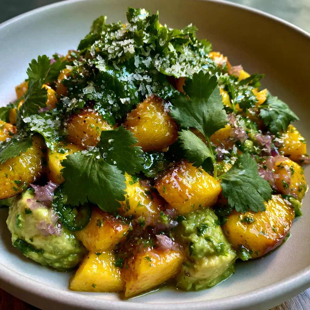 Peach avocado salsa served in a shallow matte-white ceramic bowl under soft natural daylight highlighting the glossy lime juice glaze.