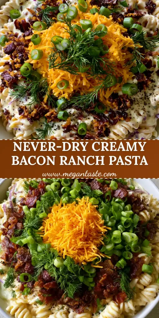 A top-down view of a large white bowl overflowing with creamy ranch pasta salad, topped with crispy bacon, shredded orange cheddar, and fresh green dill. (ranch pasta salad)