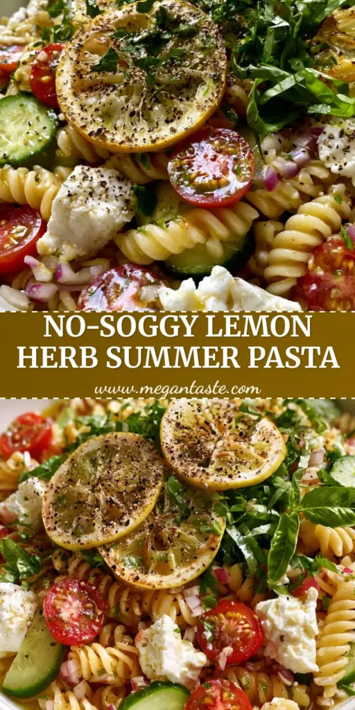 A top-down Pinterest-style shot of a summer pasta salad with charred lemon slices, fresh green herbs, and feta cheese in a white bowl.