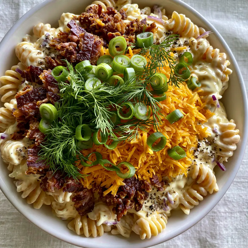 A smartphone-style photo of a mountain of bright orange shredded cheese and crispy bacon bits on top of a creamy ranch pasta salad.