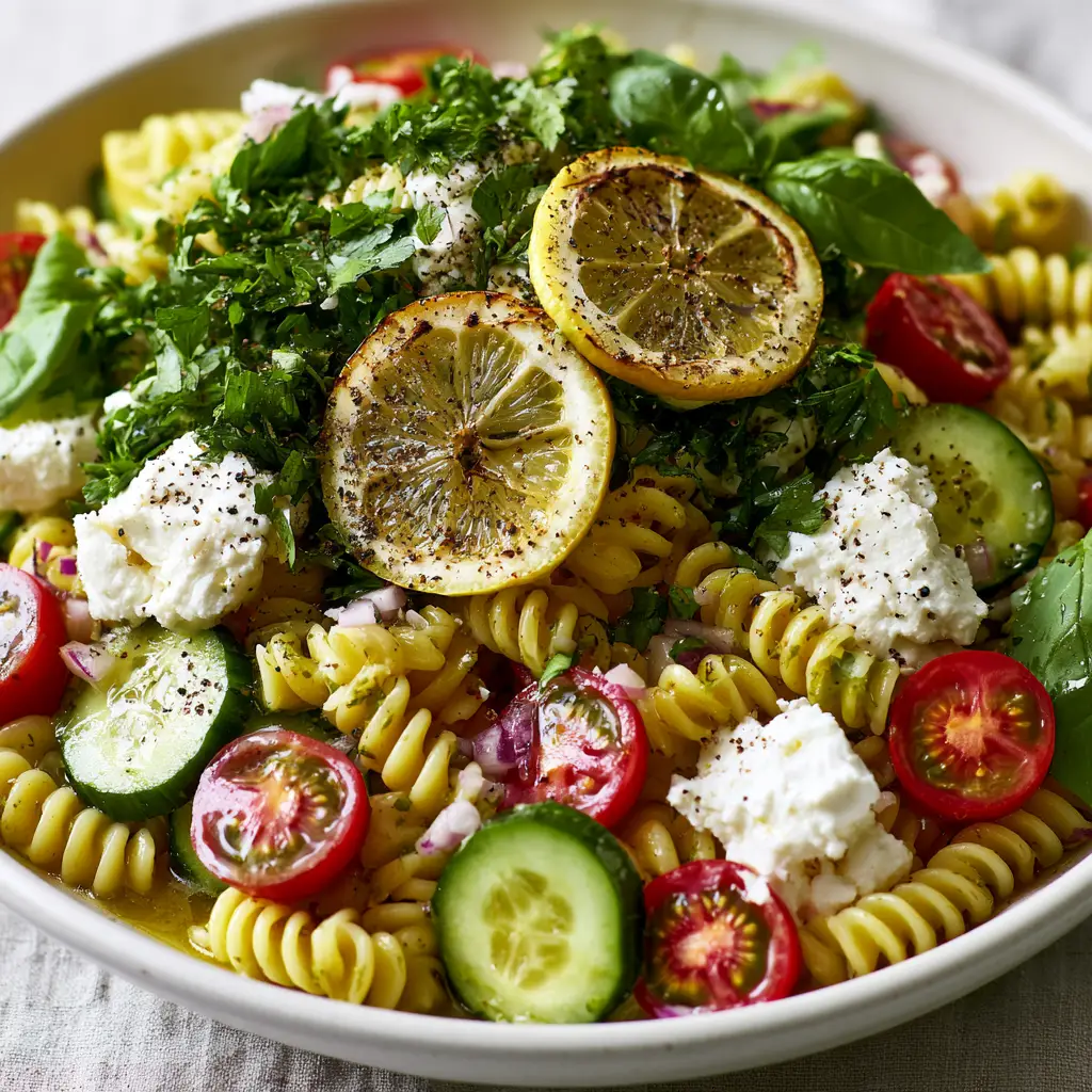 A side-lit shot of a white bowl filled with summer pasta salad, topped with charred lemon wheels and a forest of fresh herbs.