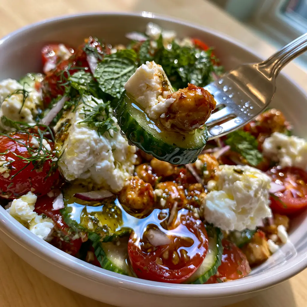 Close up shot of a fork lifting a bite of cucumber, chickpea, and feta from a shallow white bowl. (Summer Salad Recipes)