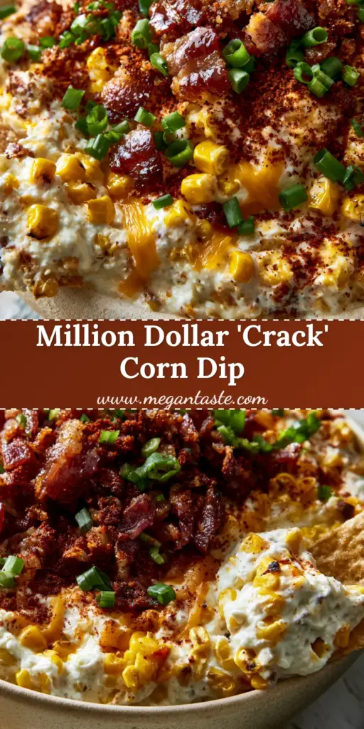 A close-up shot of crack corn dip topped with a mountain of crispy bacon and smoked paprika, with a corn chip scooping a chunky bite.