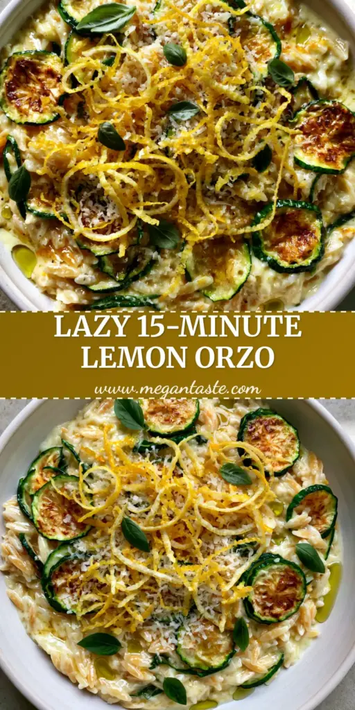 A shallow matte white pan filled with creamy lemon orzo with zucchini, garnished with curly lemon zest and basil.