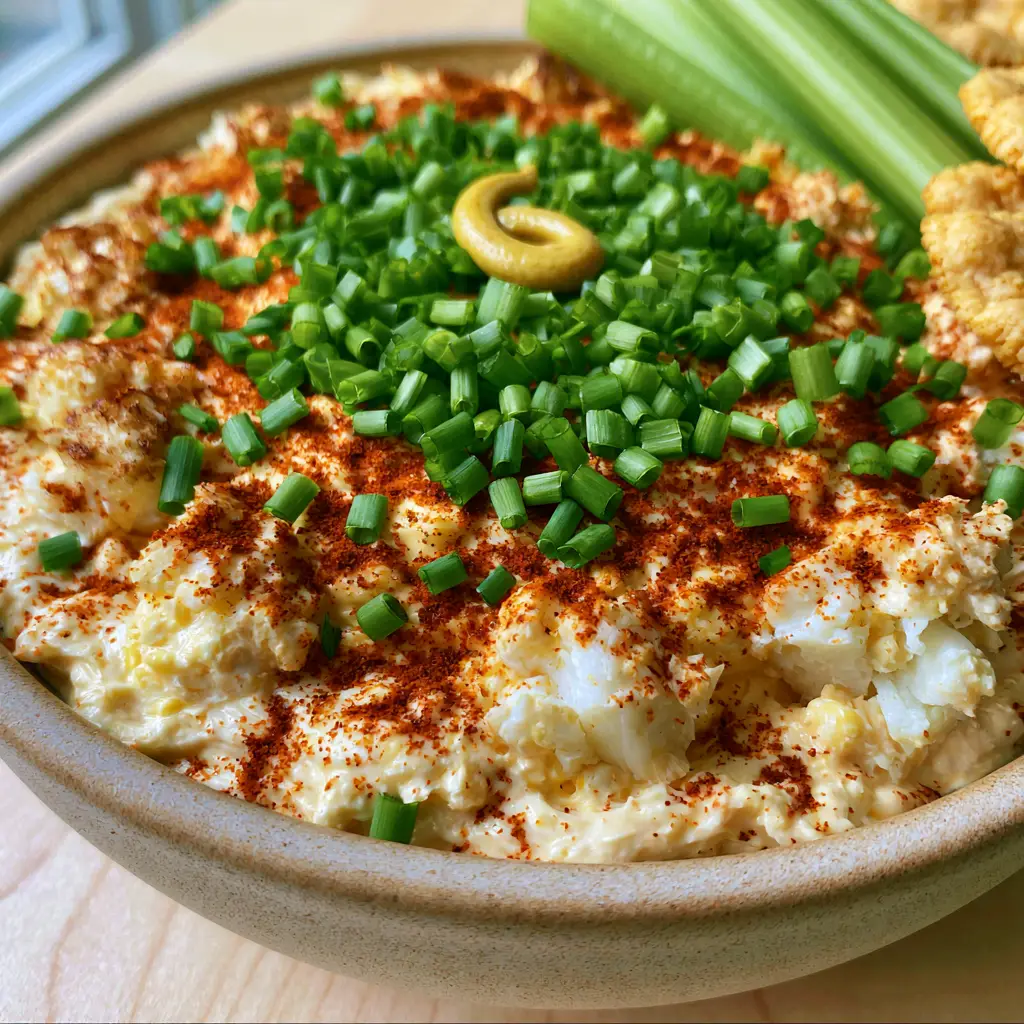 Close up of Deviled Eggs Dip garnished with a heavy dusting of smoked paprika and finely chopped fresh chives.