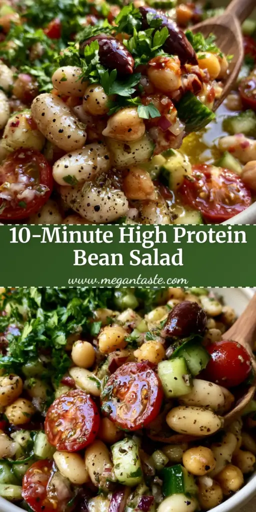 A top-down view of a vibrant Mediterranean cold bean salad in a matte white ceramic bowl, featuring cannellini beans, chickpeas, and fresh herbs. (cold bean salad)