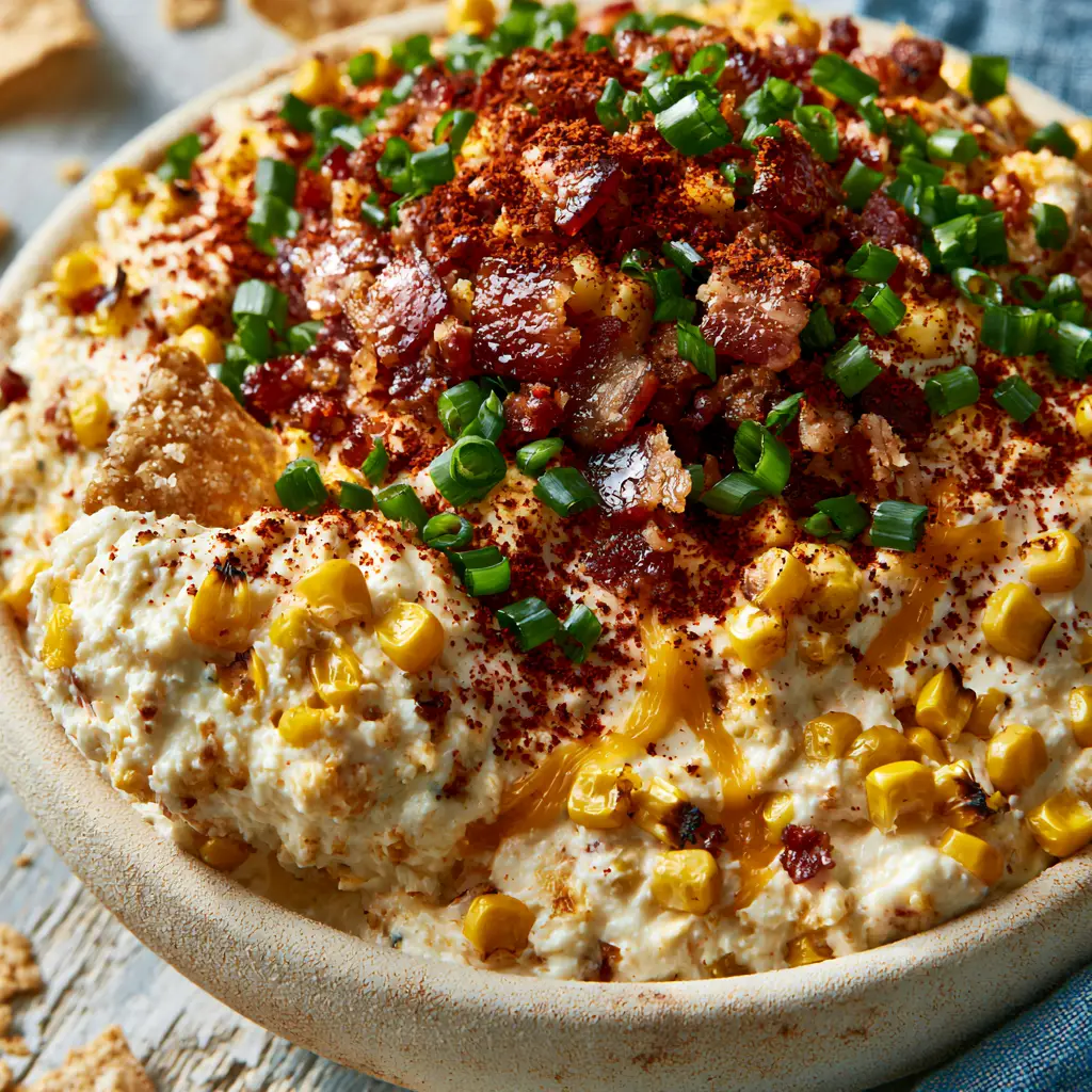 Close up of melted sharp cheddar cheese pulling through a thick crack corn dip topped with scallions.