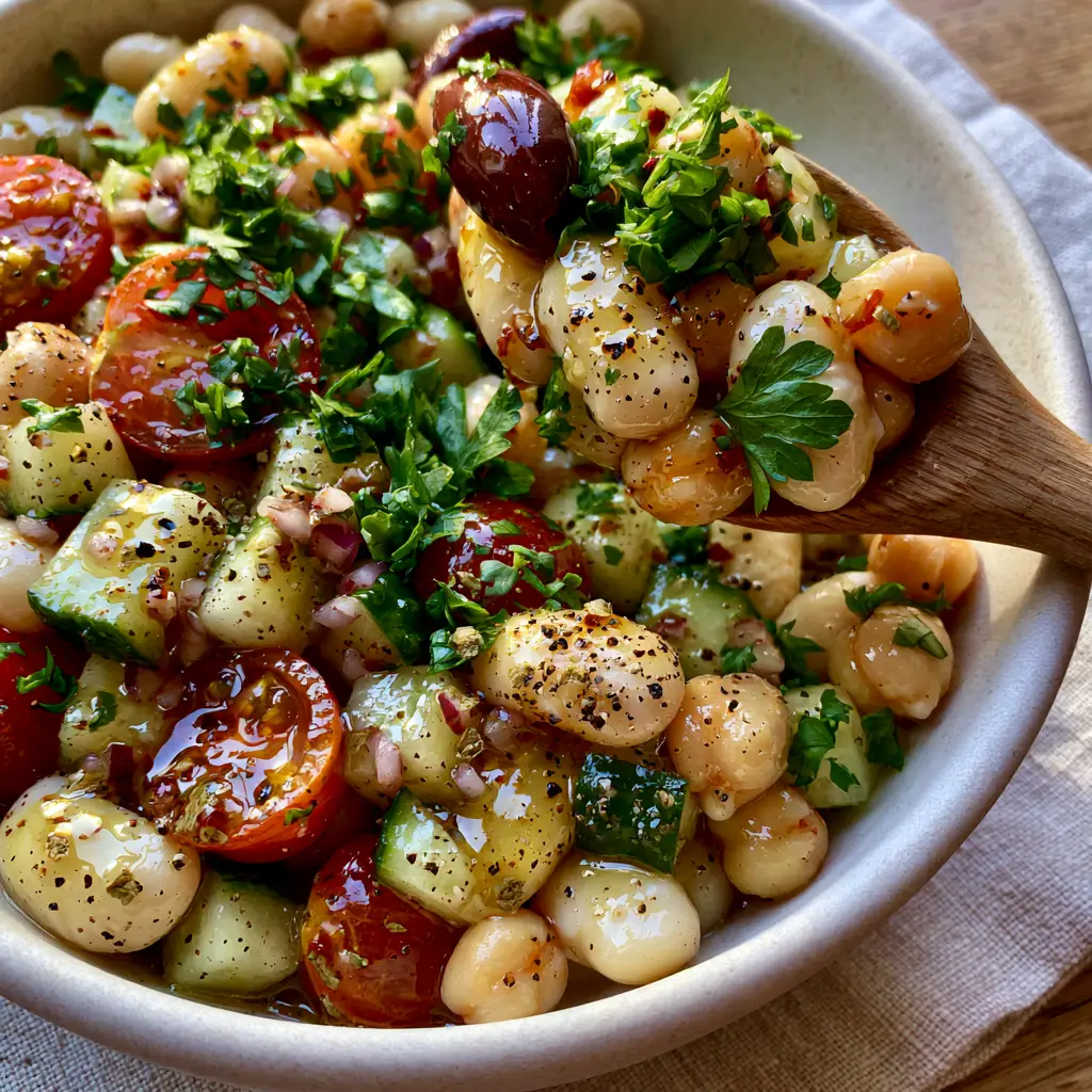 Close-up of a wooden spoon scooping cold bean salad with heirloom tomatoes, cucumbers, and kalamata olives. (cold bean salad)