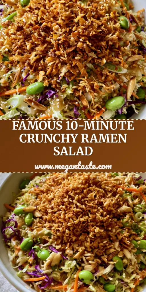 A top-down view of a vibrant Asian ramen salad with shredded cabbage, matchstick carrots, and toasted ramen noodles in a white bowl. (Asian ramen salad)