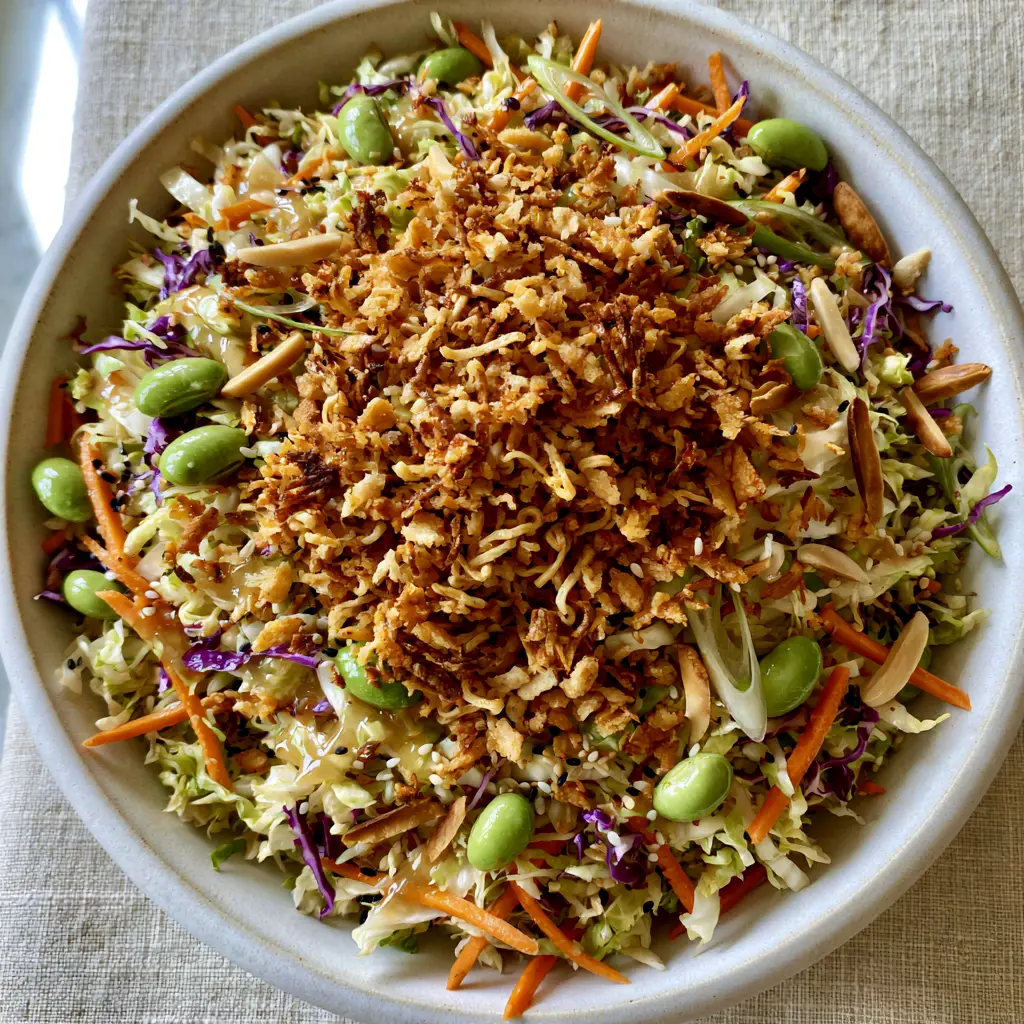 Smartphone photography of a Crunchy Asian ramen salad showing golden toasted noodles and glossy dressing. (Asian ramen salad)