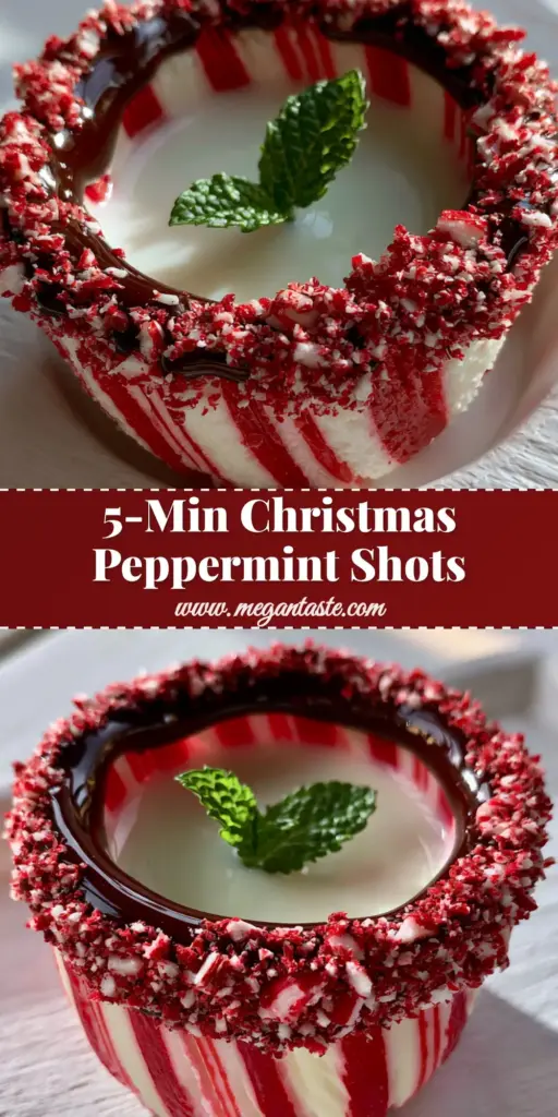 A festive Christmas Peppermint Shot glass made of red-and-white candy with a dark chocolate rim and mint leaf garnish. (Christmas Peppermint Shots)