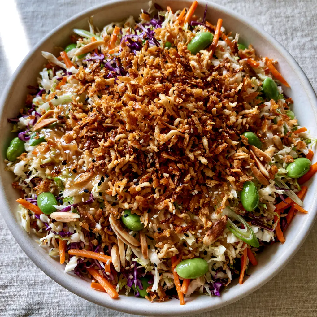 A large minimalist white bowl filled with shredded cabbage, carrots, and toasted ramen noodles glistening with ginger-sesame dressing.