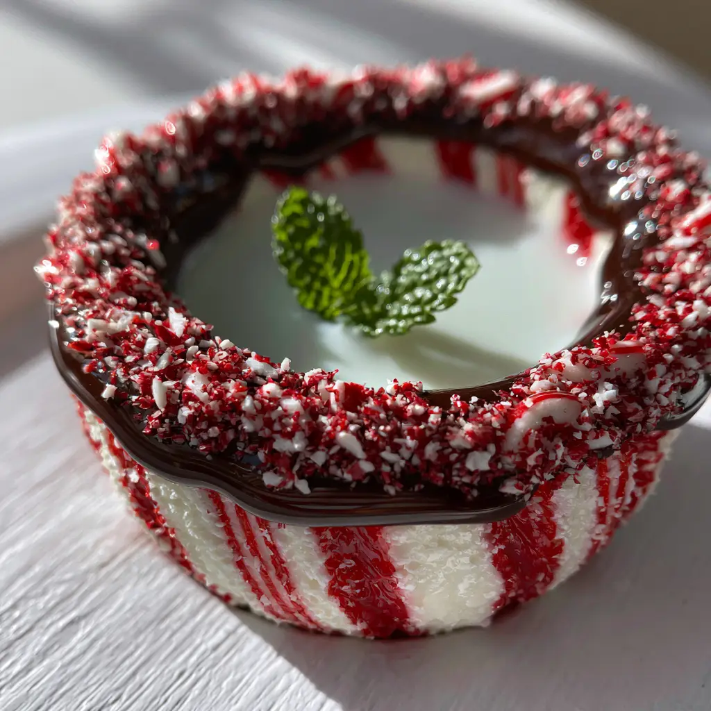 Close-up of a handheld peppermint candy shot glass with glossy dark chocolate syrup rim and crushed candy canes. (Christmas Peppermint Shots)