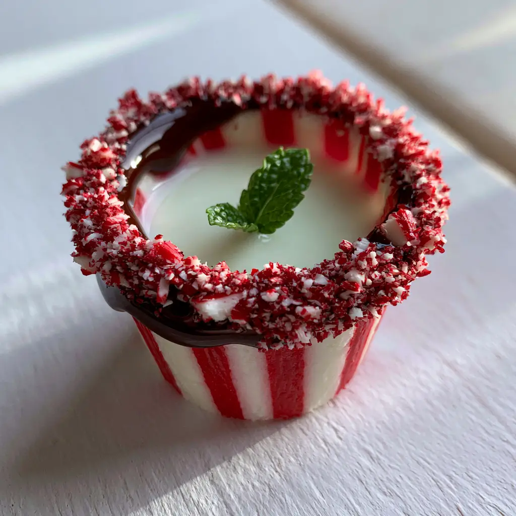 Top view of Christmas Peppermint Shots filled with creamy white liqueur and a floating green mint leaf.