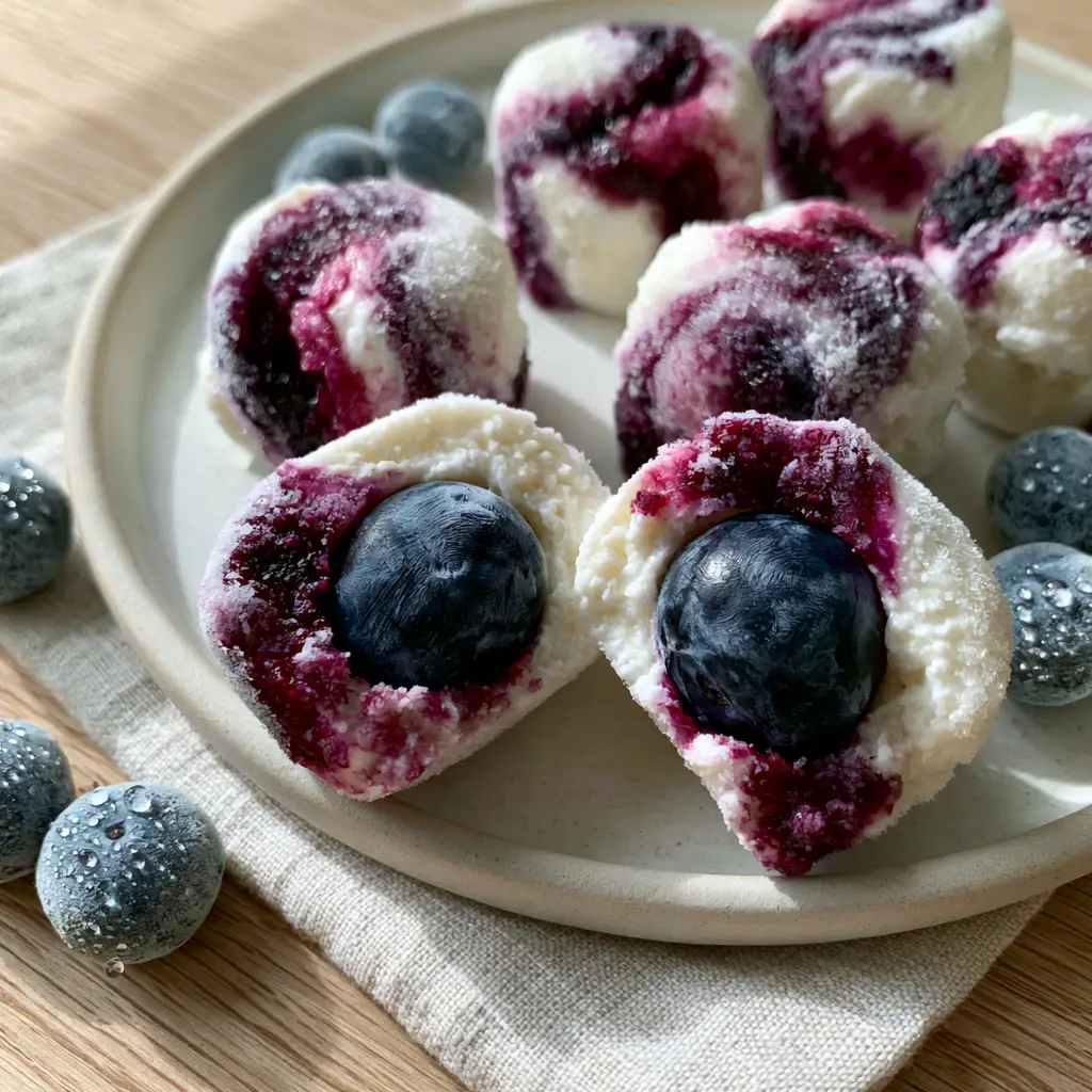 Top-down macro photography of frozen blueberry Greek yogurt bites with violet swirls and a whole berry core revealed. (blueberry Greek yogurt bites)