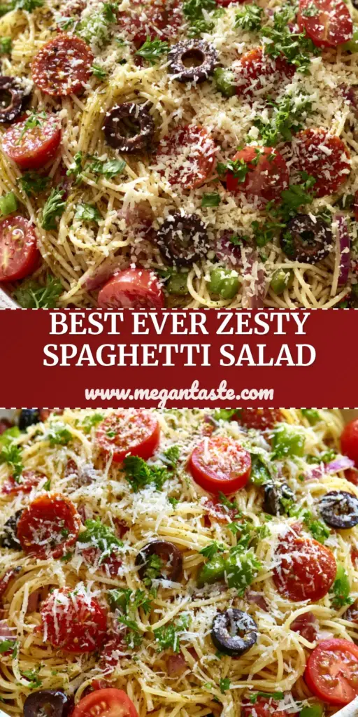 A rustic white bowl filled with glistening spaghetti salad featuring cherry tomatoes, pepperoni, and a dusting of parmesan cheese.