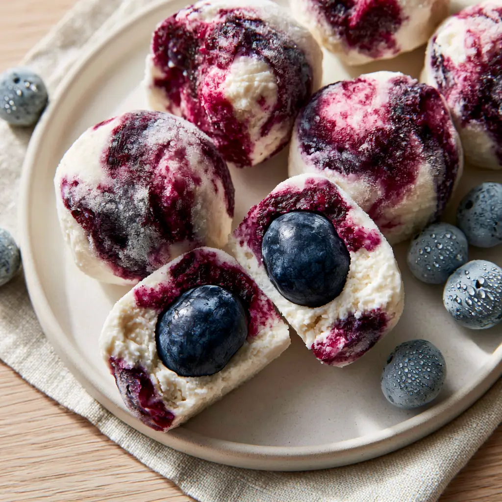 Close up of frozen blueberry Greek yogurt bites sliced in half showing the juicy dark blue berry encased in white yogurt.