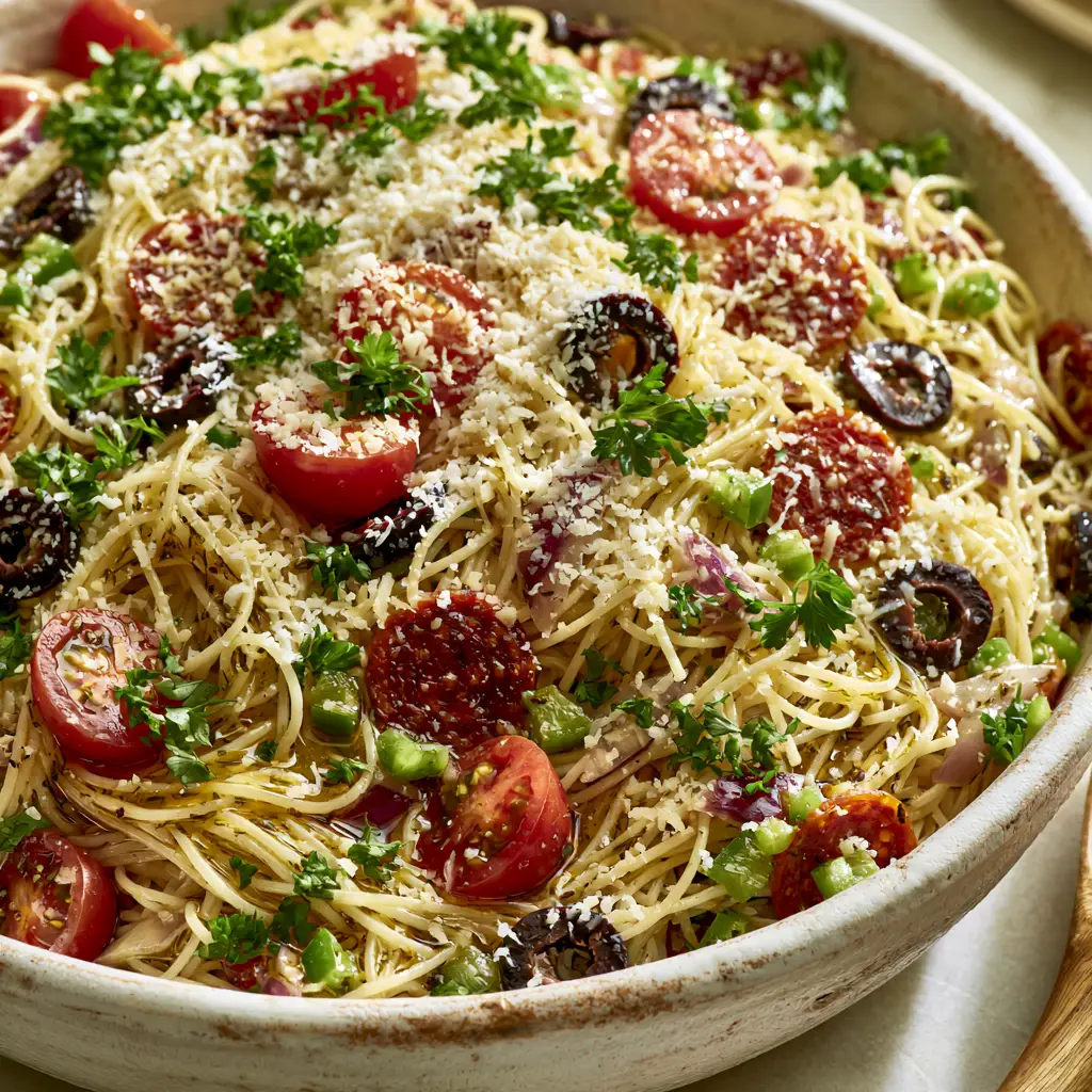 High-angle view of spaghetti salad in a white bowl showing thin noodles, red tomatoes, and green peppers under natural light.