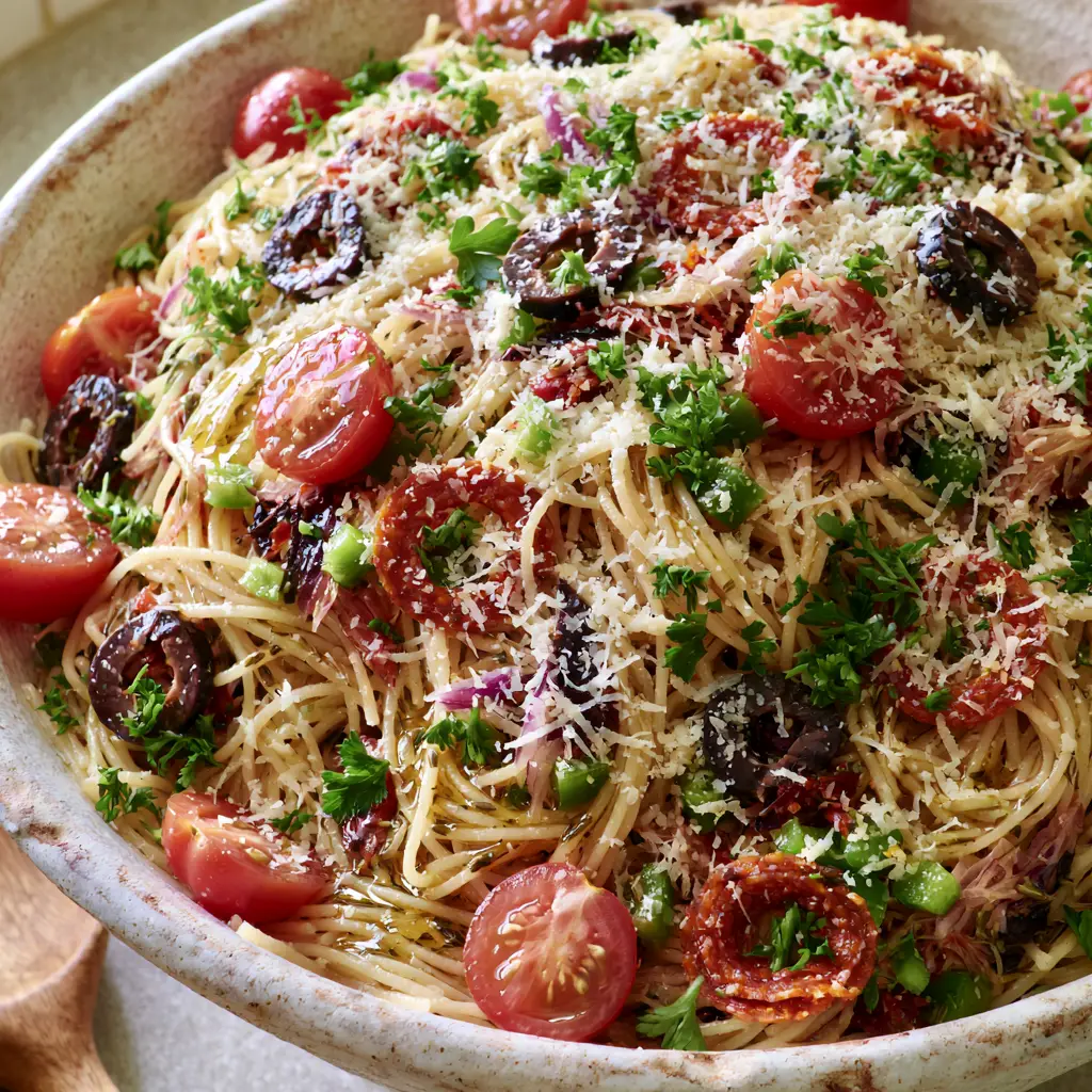Overhead shot of spaghetti salad being tossed with wooden spoons, highlighting the thin-sliced pepperoni and black olives.