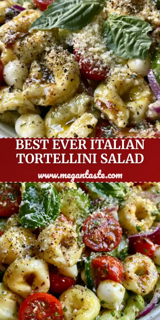 A vibrant bowl of Italian Tortellini Pasta Salad featuring cheese tortellini, cherry tomatoes, and mozzarella pearls with a glossy herb vinaigrette. (Italian Tortellini Pasta Salad)