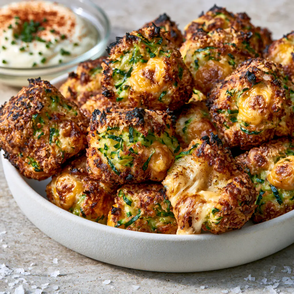 A split cheesy zucchini tot showing a steaming moist interior with stretched melted cheese.