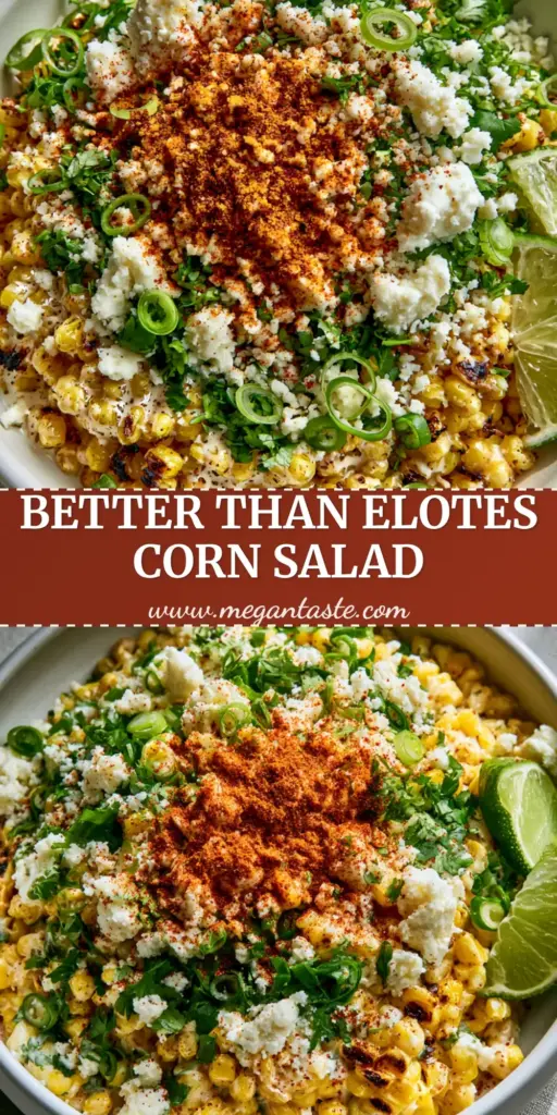 A professional Pinterest Pin for Corn Salad featuring charred corn, creamy lime dressing, and cotija cheese in a matte white bowl.