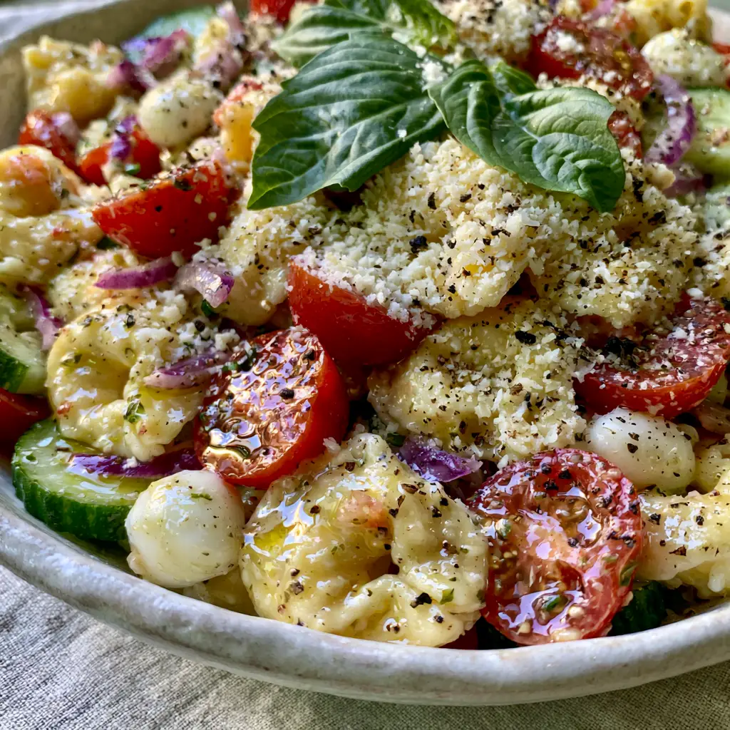 Overhead macro shot of Italian Tortellini Pasta Salad with mini mozzarella pearls, halved cherry tomatoes, and fresh basil flakes.