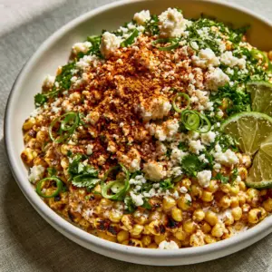 A top-down 45-degree hero shot of Mexican Street Corn Salad in a matte white ceramic bowl with charred edges and vibrant cilantro. (Corn Salad)