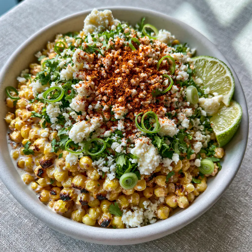 Close up of charred golden corn kernels topped with snowy white cotija cheese and reddish-orange smoked paprika. (Corn Salad)