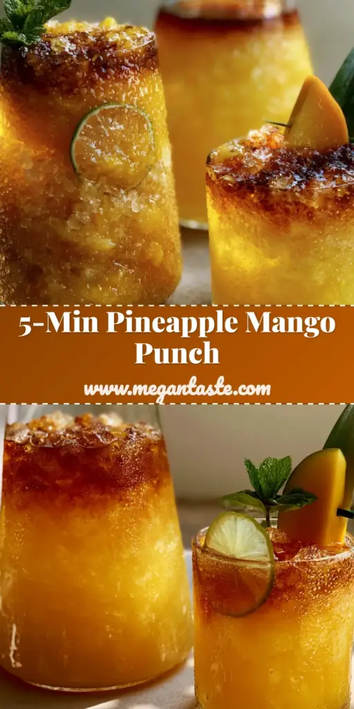 A tall glass and pitcher of layered pineapple mango rum punch with crushed ice, dark rum float, and tropical garnishes on a concrete table.