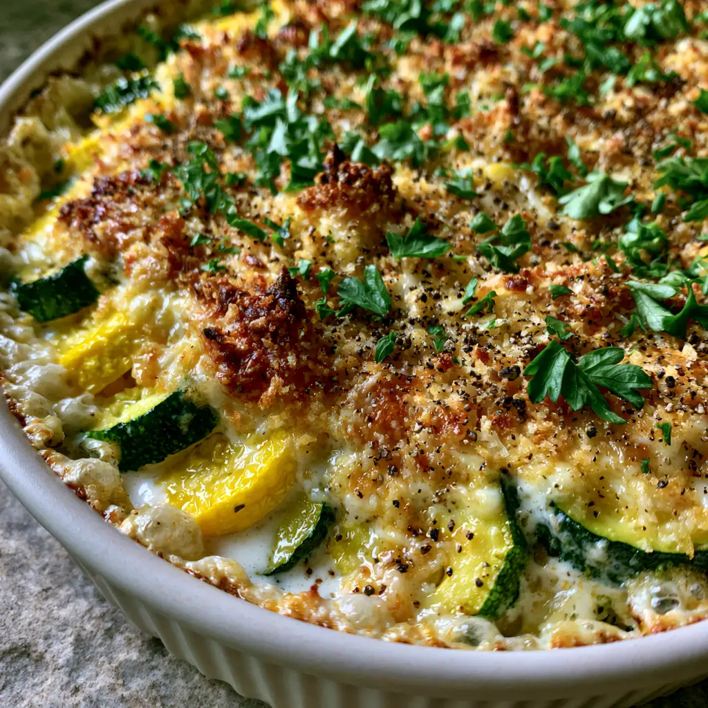 Macro close-up of a zucchini squash casserole showing the bubbly golden cheese edges and craggy toasted panko topping.