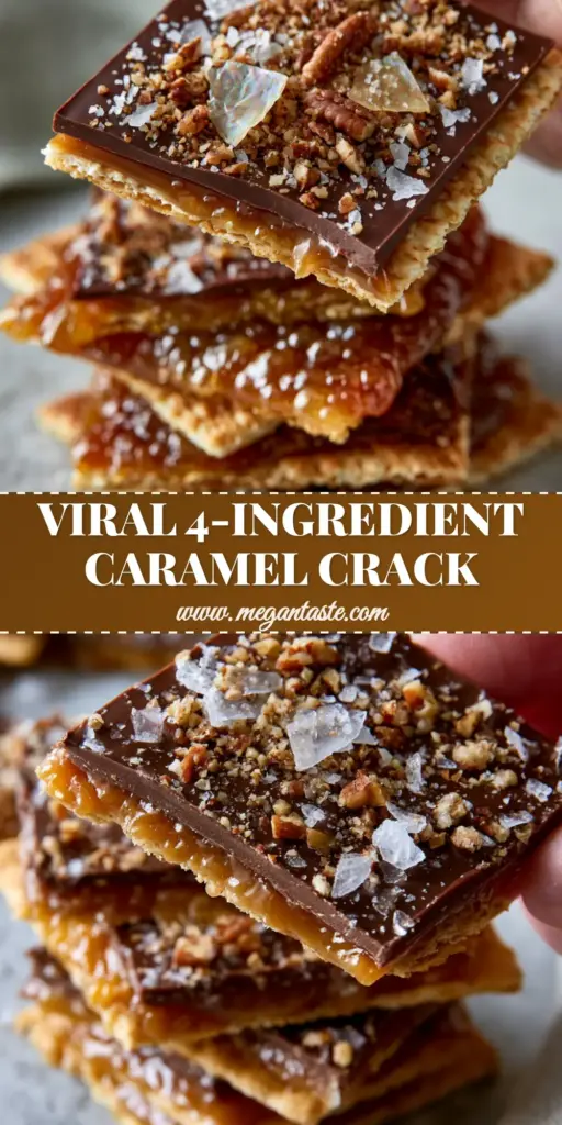A close-up of a hand lifting a piece of Caramel Cracker Bites showing layers of chocolate, amber caramel, and toasted pecans.