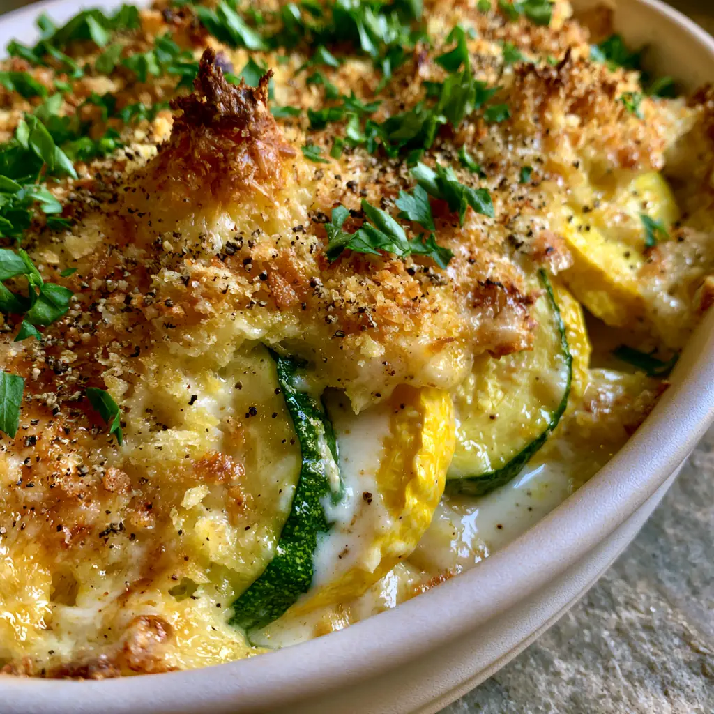 Detailed shot of vertical layers of green zucchini and yellow squash glazed in a thick white garlic cream sauce.