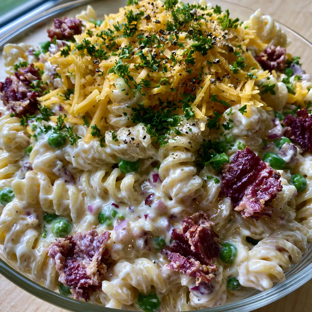 A glass bowl of bacon ranch pasta salad featuring heavy shredded cheddar cheese and cracked black pepper on a light wood background.
