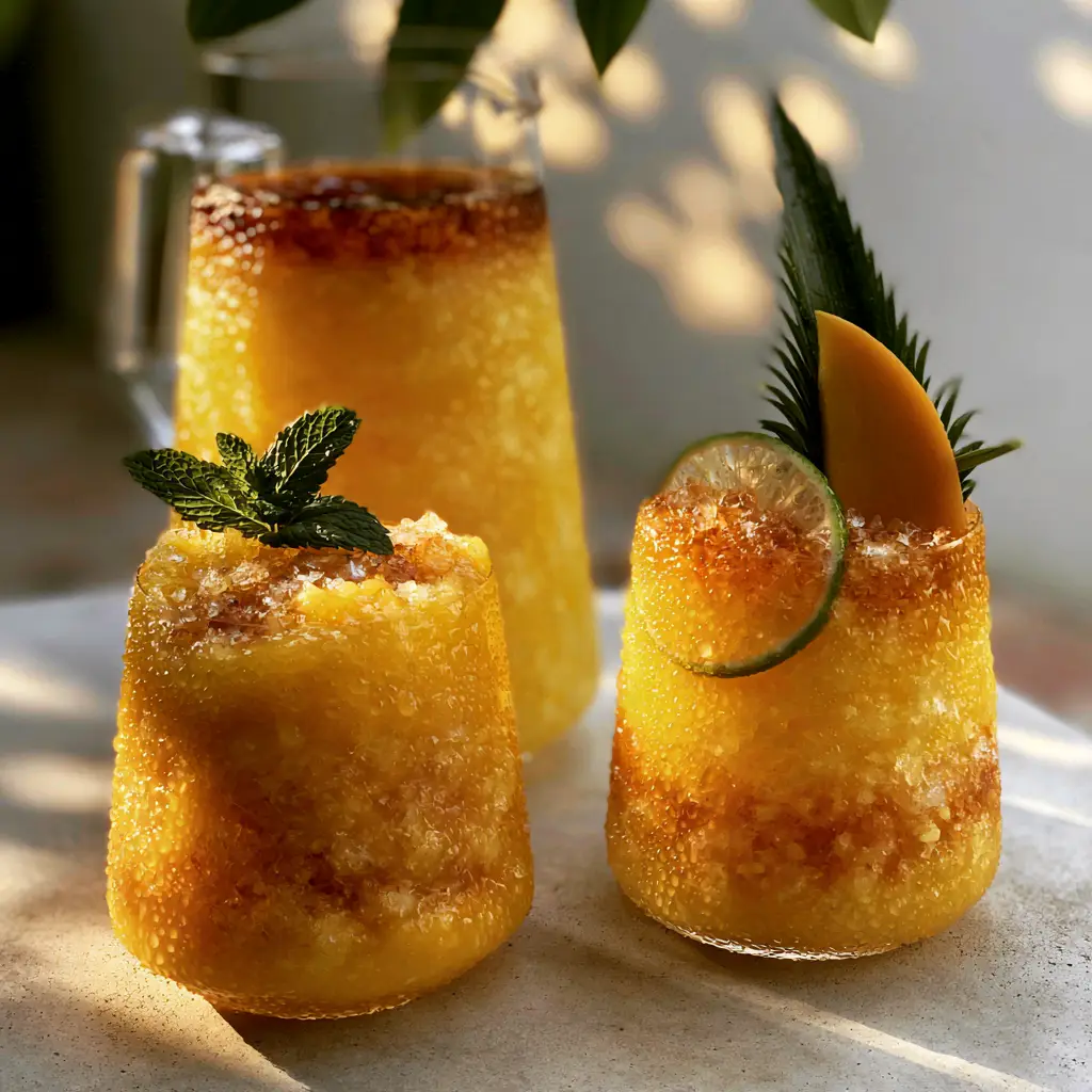 Short rocks glass with crushed ice and a dark rum float, part of a pineapple mango rum punch recipe.