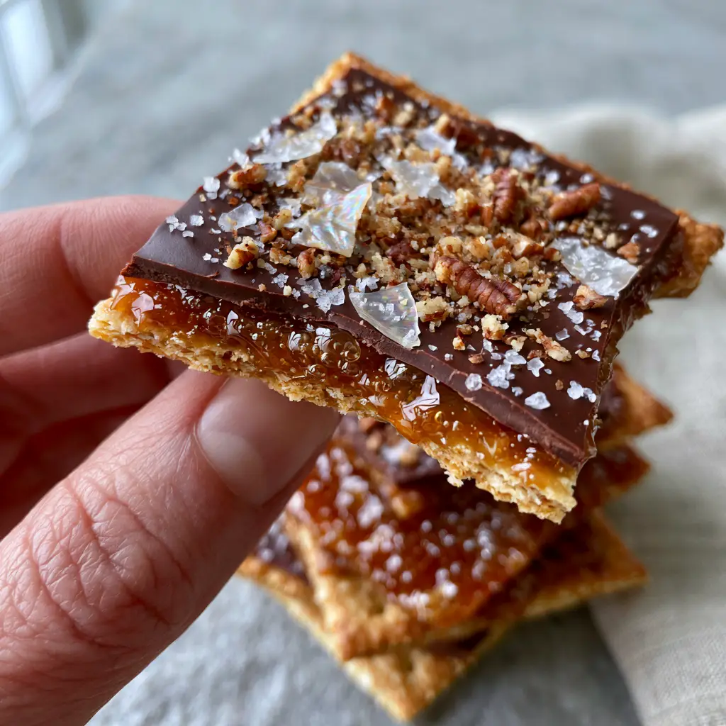 Macro shot of Caramel Cracker Bites with bubbling translucent caramel and iridescent Maldon salt. (Caramel Cracker Bites)