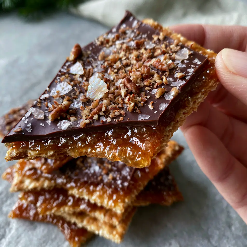 A stack of Caramel Cracker Bites on a minimalist stone surface with festive linen.