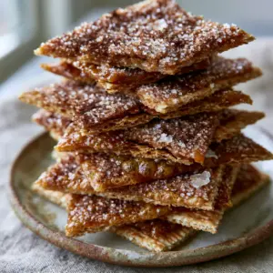 Close-up of fractured Churro Saltine Toffee with visible amber bubbles, cinnamon dusting, and crystalline sea salt flakes.