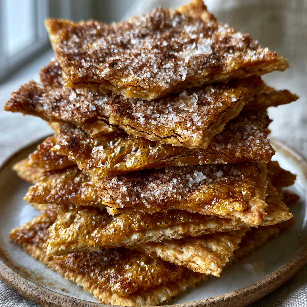 High-angle shot of a vertical pile of Churro Saltine Toffee on a neutral linen background.