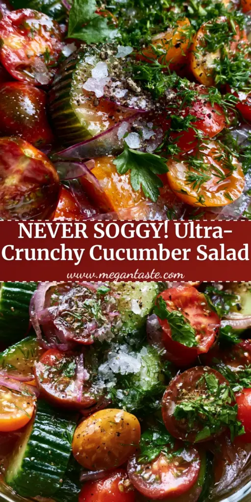 A top-down close-up of a Cucumber Onion Tomato Salad in a chilled glass bowl with condensation, featuring ridged Persian cucumbers and red cherry tomatoes. (Cucumber Onion Tomato Salad)